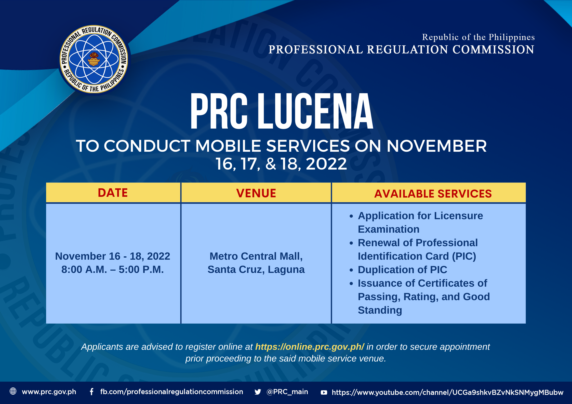 PRC Lucena to Conduct Mobile Services on November 16 17 18